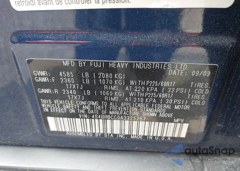 2010 Subaru Outback 2.5I Premium из США, поврежденный, VIN 4S4BRBCC0A3325257